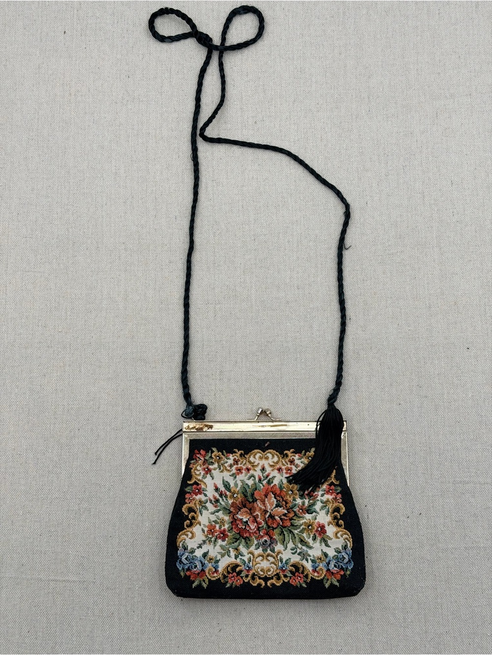 Vintage Black Floral Tapestry Mini Crossbody with Tassel